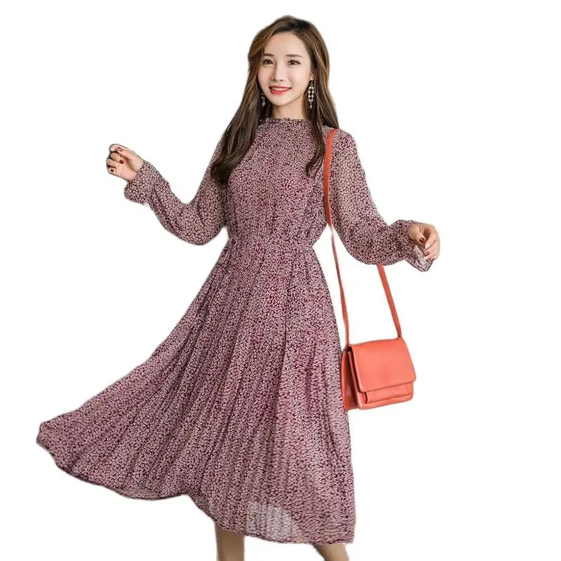 

2023 Autumn And Winter New Small Floral Round Neck Loose Slim Pleated Women Long Chiffon Fashion Dress Bottom Skirt Women Tide