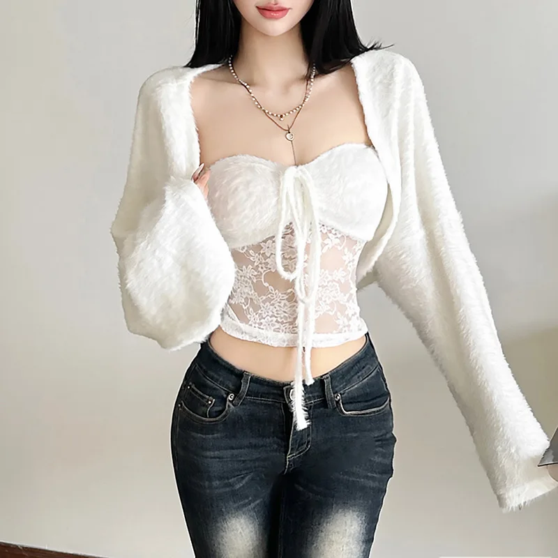 

Autumn new women's solid color slim fit chest vest fashion long sleeved cardigan two-piece set