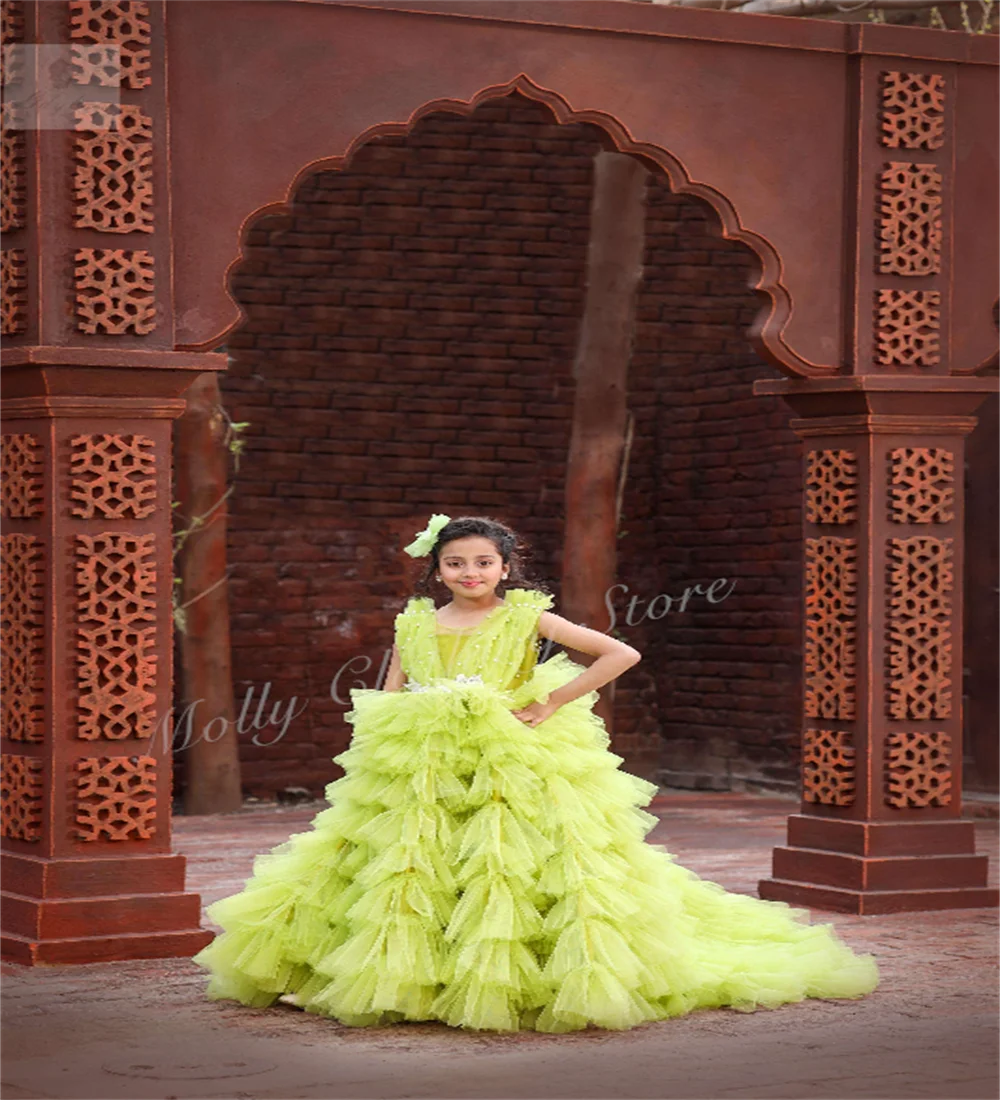 Pearl Decoration Stratification Mesh Luxury Girls' Party Dresses for Weddings Parties Performances Events Kids Birthdays