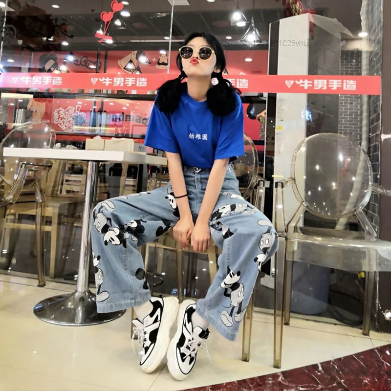 Disney Mickey Mouse Printed Baggy Jeans Y2K Women's Low Waist Jeans New Spring Autumn Oversize Wide Leg Pants Casual Trousers