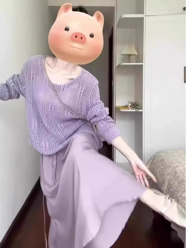 

Korean Sle Purple V-Ne Hollow out Knitted Cover up Top Women's Early Spring Loose Outerwear Gentle Sle Long Sve