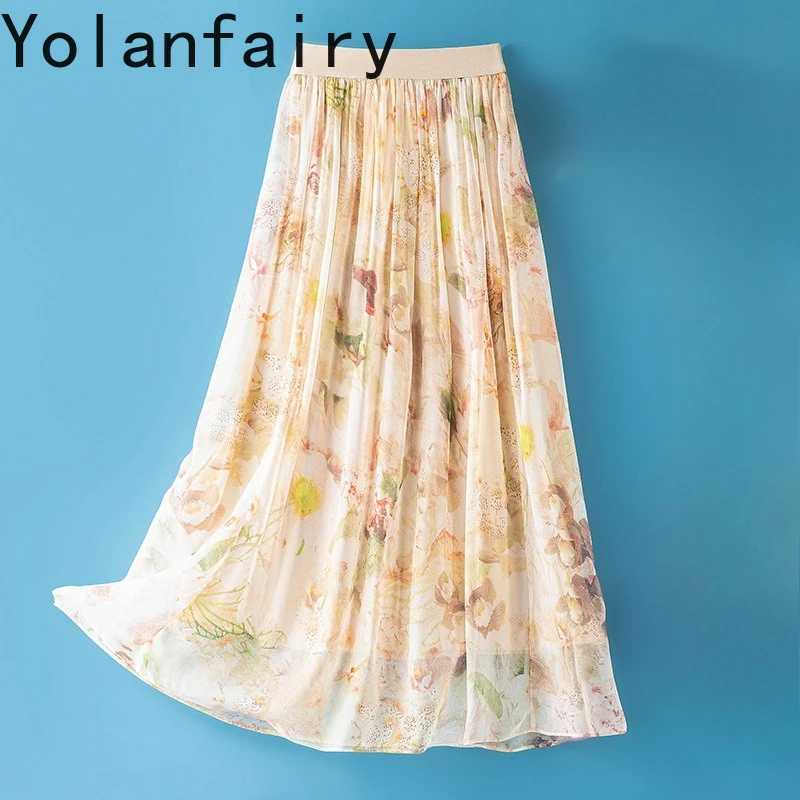 YOLANFAIRY Gentle Flower Printed Long Skirts for Women 100% Real Mulberry Silk Skirt Woman Elastic Waist Elegant Beach Skirts