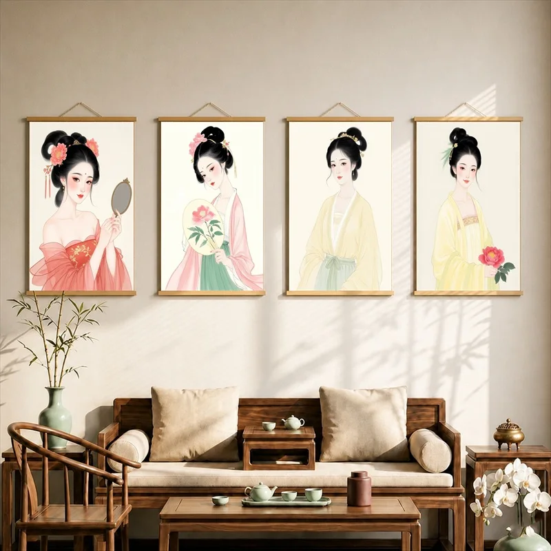 Wall Art Elegant Women Holding Flowers in Traditional Dress, Pearlescent Canvas Hanging Scroll for Bridal Boutique Wall Decor
