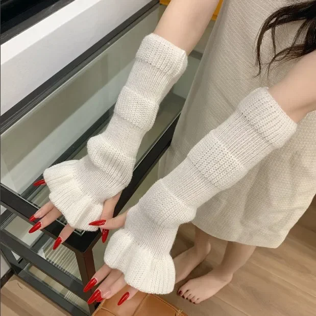 Knitted Flared Sleeve Arm Warmers Winter Thick Warm Pile Arm Covers Wavy Gloves for Girls