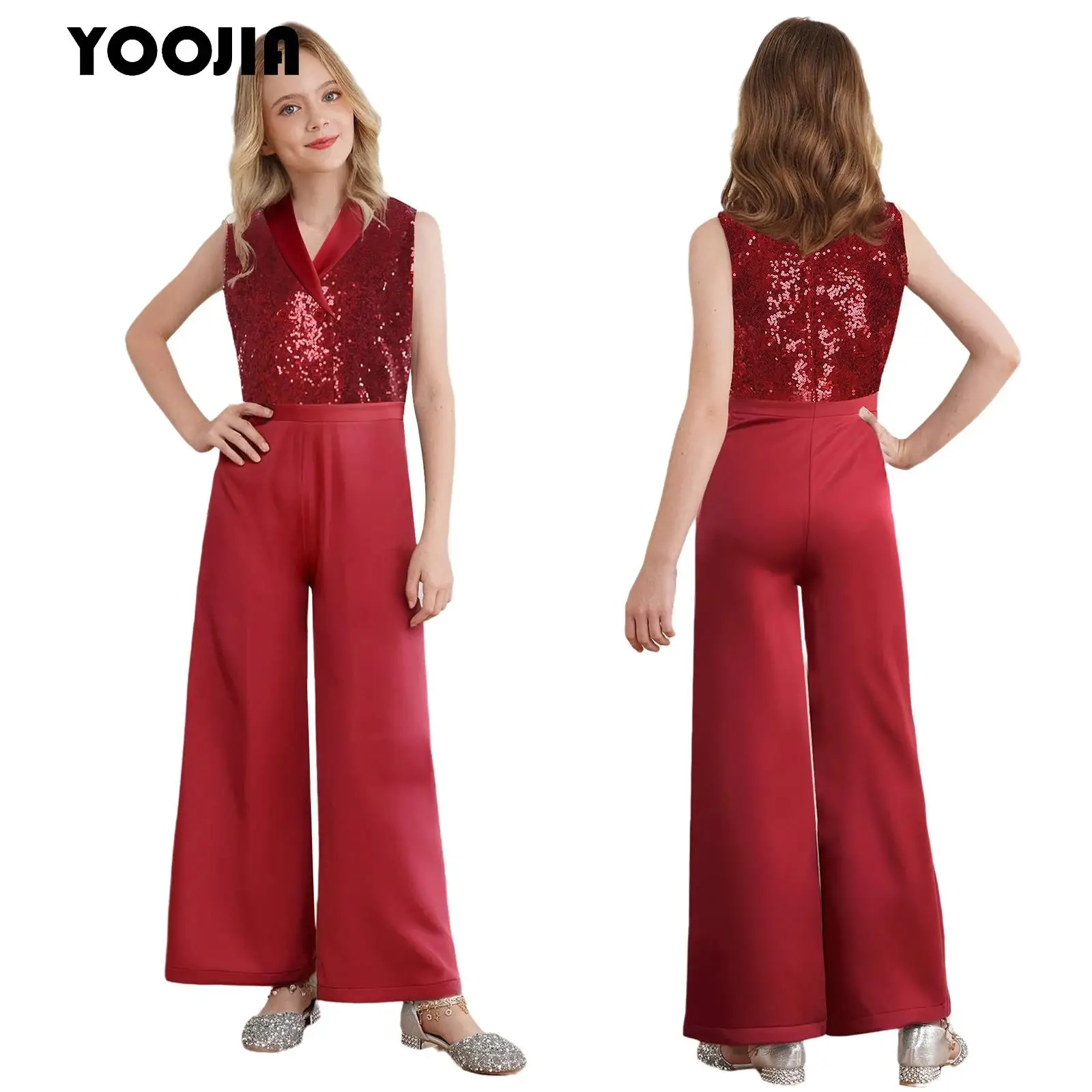 

Kids Girls Shiny Sequined Full Bodysuit Jumpsuit Lapel Sleeveless Dance Pageant Romper Party Formal Outfit for Cocktails Evening