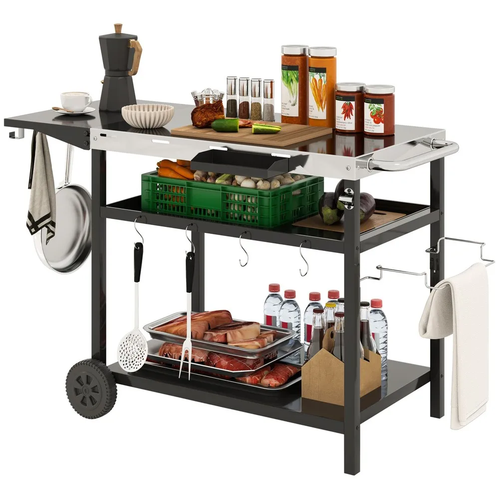 

Outdoor Bar Cart Grill Table with Wheels, Prep Table with Storage