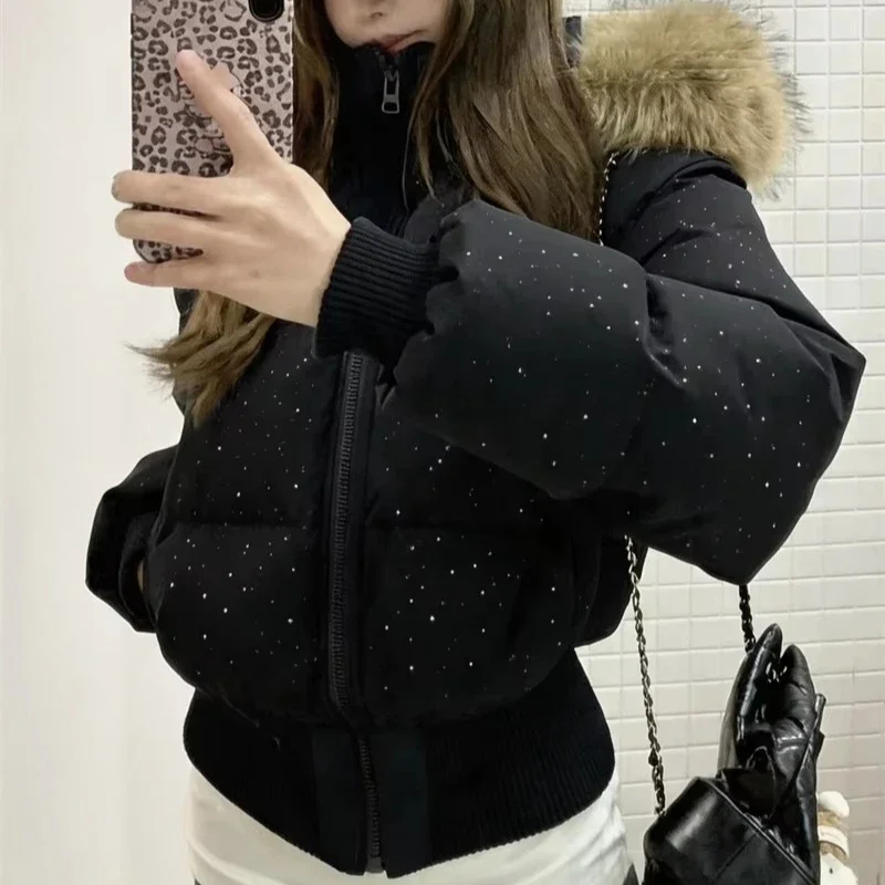 2000S High Street Elegant Fur Collor Hooded Coats Y2k Short Parkas Coats American Vintage Thicken Zipper Streetwear Slim Jackets