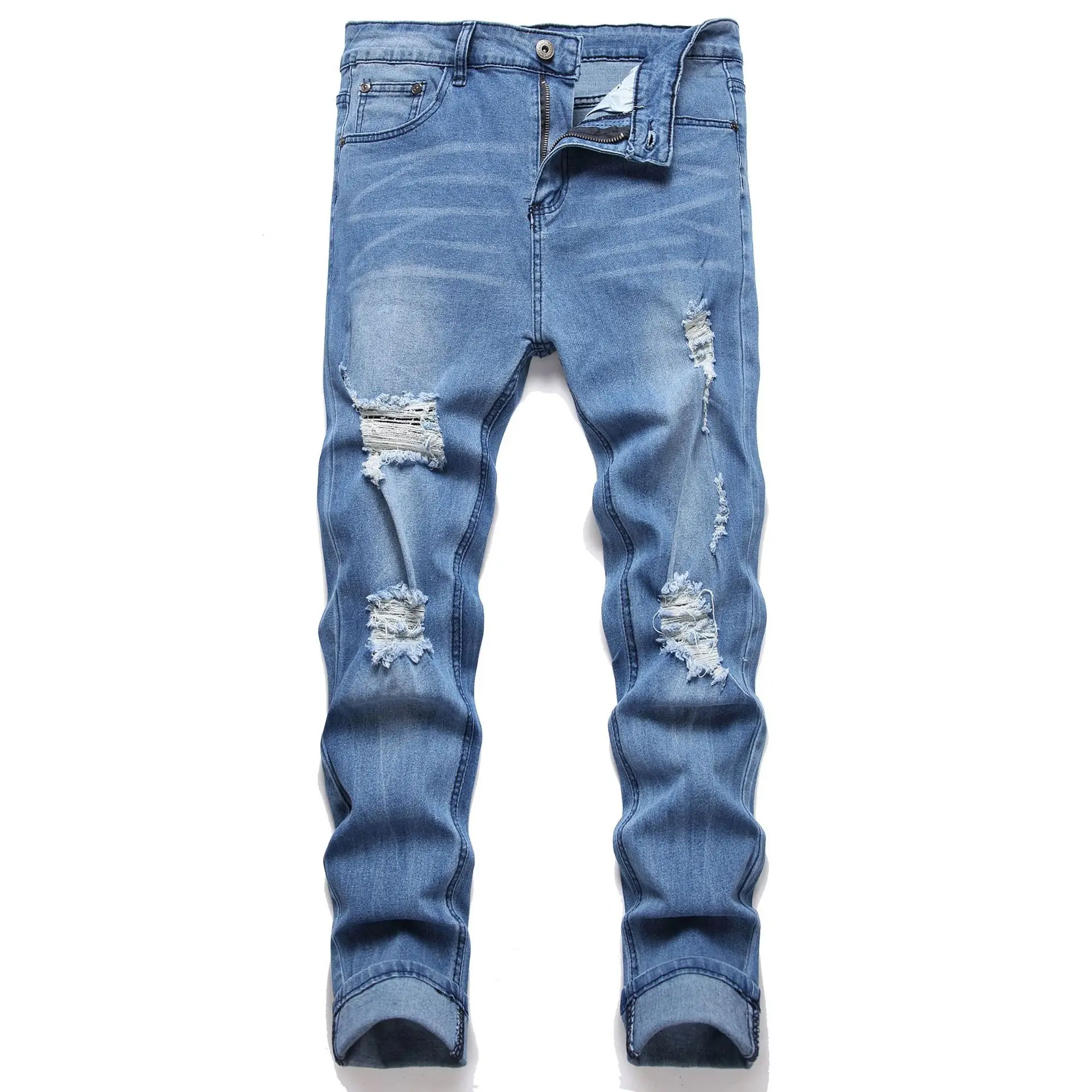 

New Fashion Light blue jeans man with distressed hole patches Fashion Repair Low Rise Skinny Denim pants 28-42 size