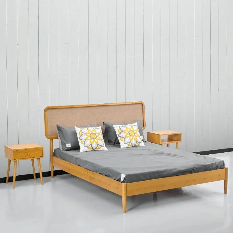 Lupin Wooden Bed Frame with Headboard, Solid Oak and Rubber Wood Foundation with Silent Slats and Wood Central Supports