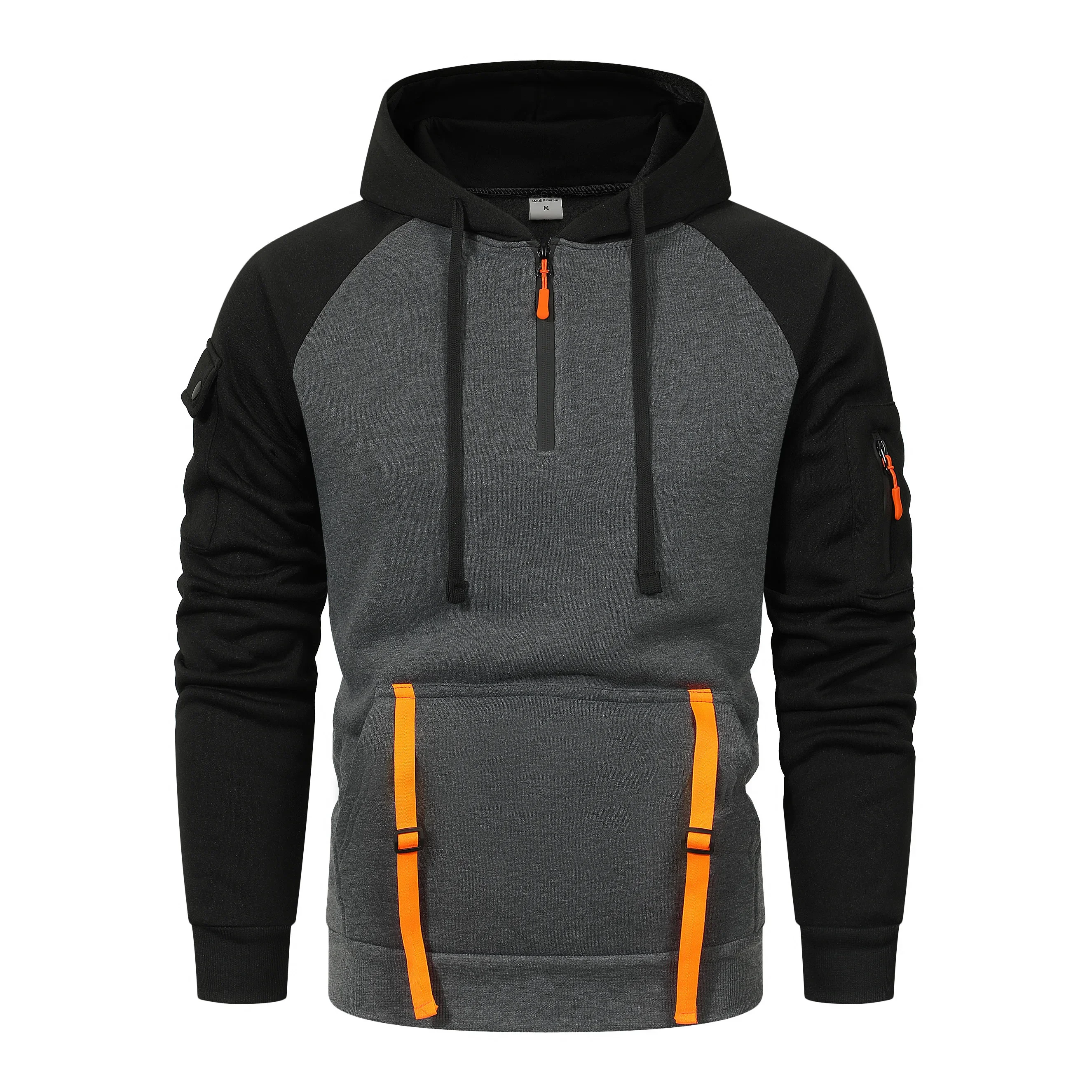 Men's Half-Zip Hooded Sweatshirt, Outdoor Workwear Style, Multi-Pocket Design, Casual Sports Pullover Top, 3 Colors Available