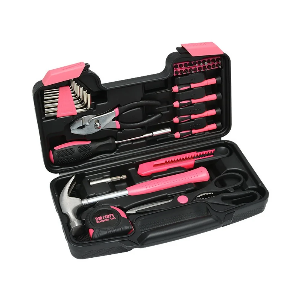 39Pcs Pink Household Hand Tool Kit, Hardware Repair Tool Box with Hammer Pliers Screwdriver Tape Measure Scissors for Home DIY