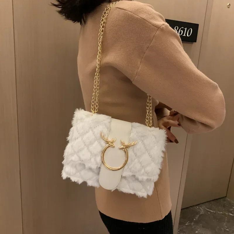 Winter Soft Fur Designer for Women Handbag Deer Lock Chain Plush Shoulder Messenger Crossbody Bags Luxury Female Bolsa Feminina