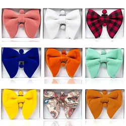 Velvet Big Bow Tie Men's Bowties Pocket Square Cufflinks Set Solid Red Blue Handkerchief Bow Tie Set With Box Gift Velvet Bowtie