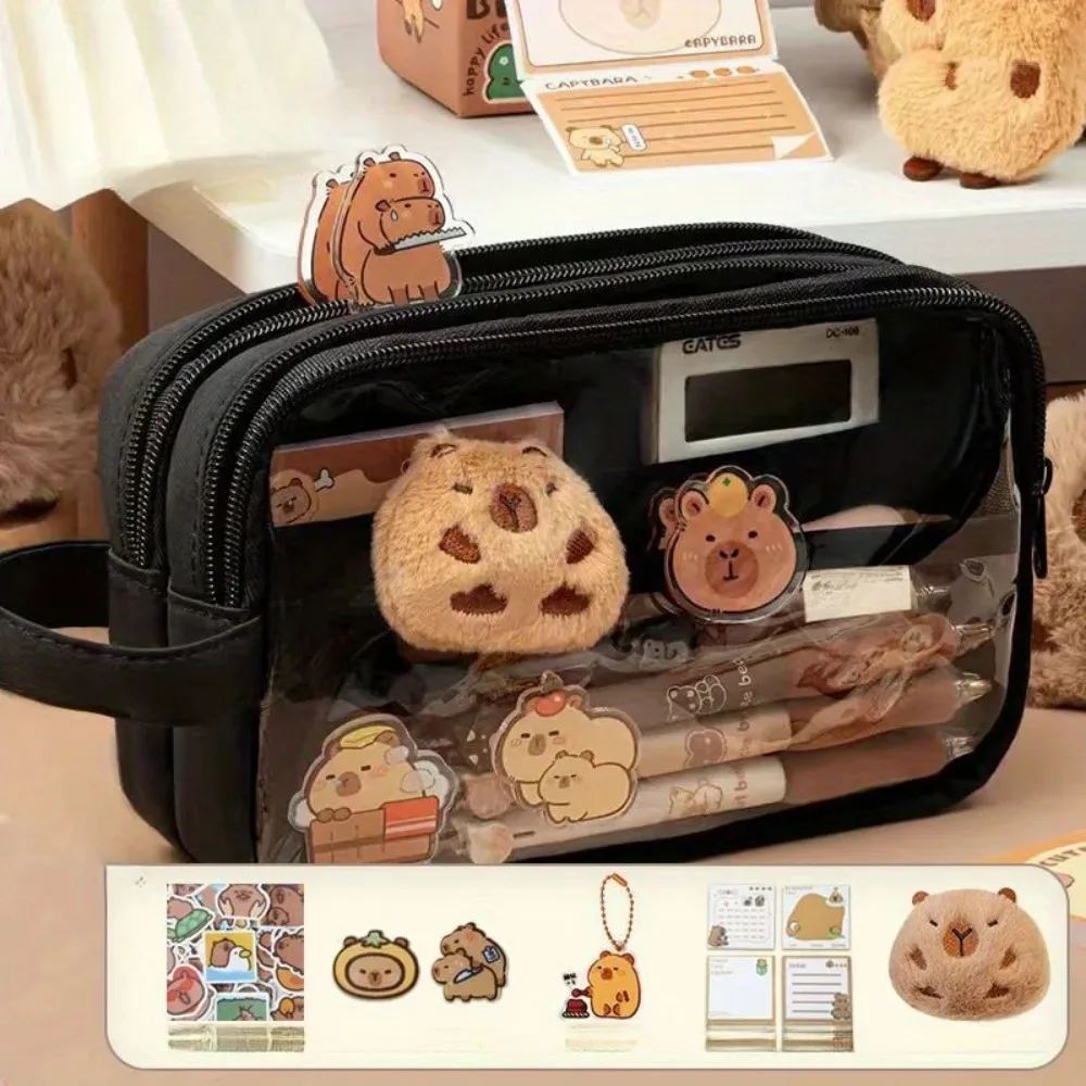 Cute Capybara Lockable Pencil Case Kawaii Canvas School Supplies Organizer with Multiple Compartments