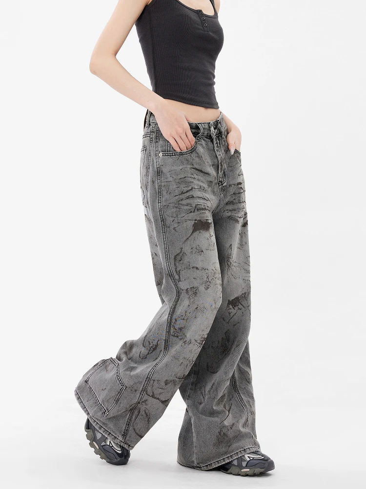 Jeans da donna grigi a vita alta pantaloni in denim larghi dritti vintage streetwear pantaloni in denim a gamba larga alla moda stile americano