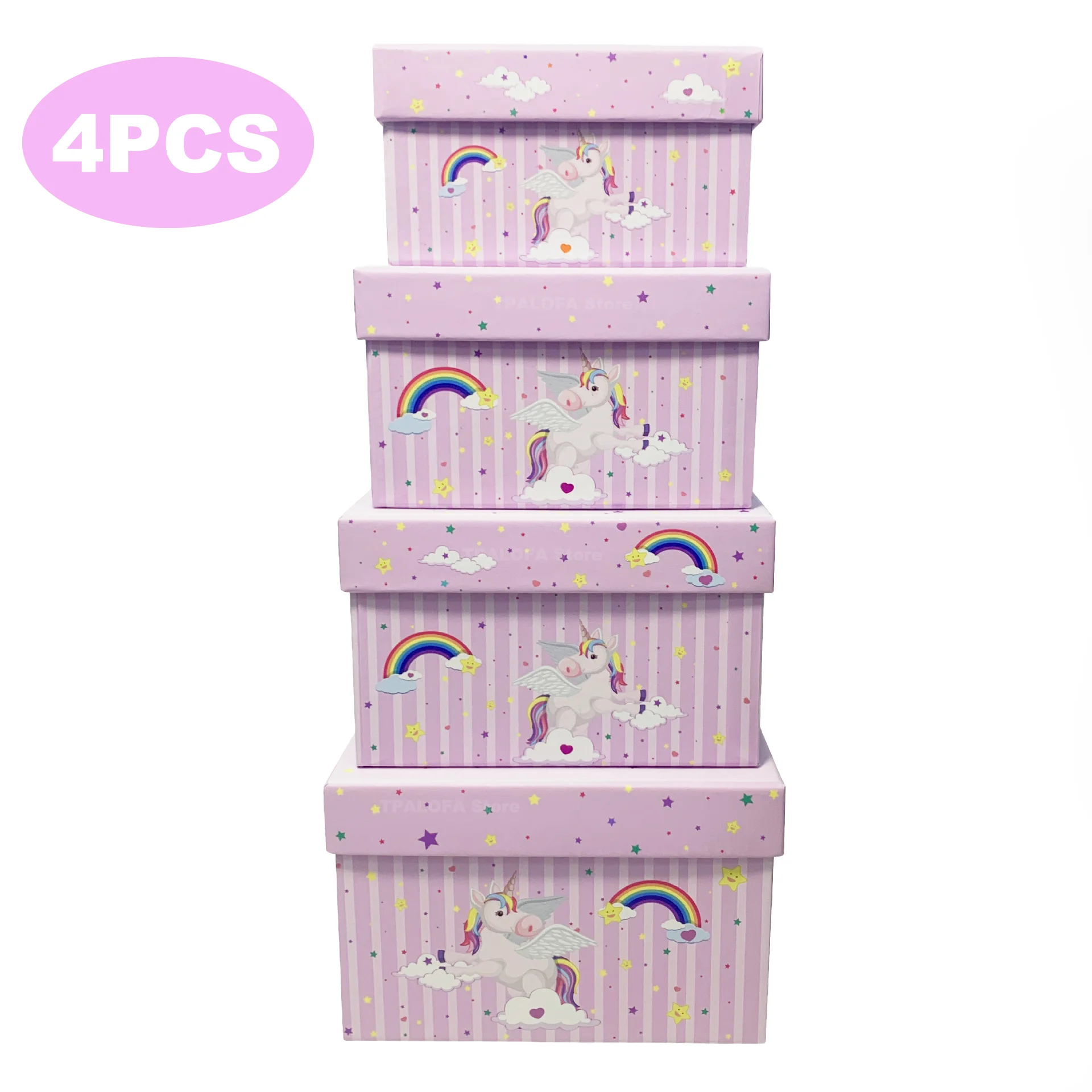 4 Uds. Cajas de regalo de unicornio para regalos con tapa, caja de embalaje de cartón rectangular, caja de regalo de cumpleaños para fiesta de Navidad y boda