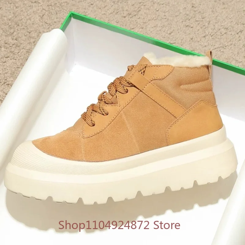 Winter High Top Platform Snow Boots Men's Warm Wool Cow Suede Thick Sole Genuine Leather Non-slip Outdoor Casual Ankle Boots