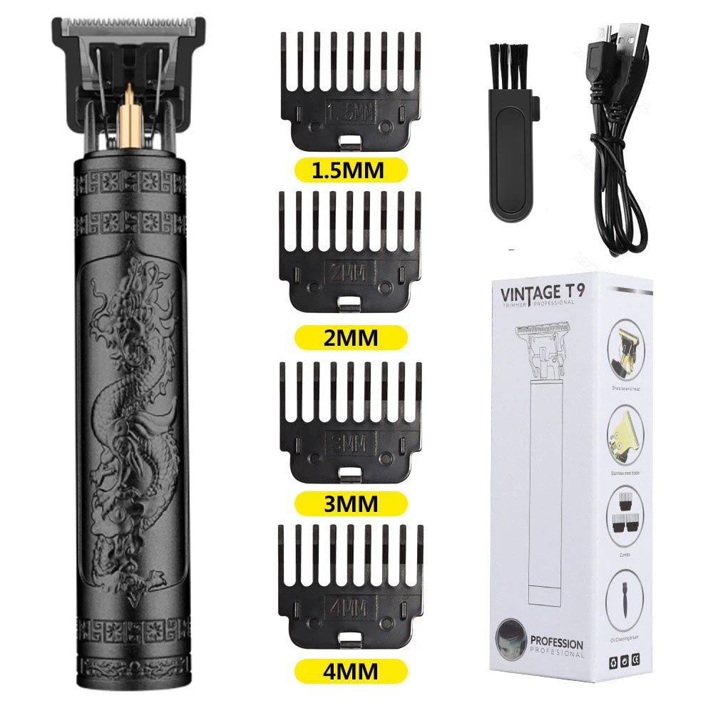 USB Rechargeable Vintage T9 Hair Trimmer for Men Professional Barber Hair Clipper Beard Edge Cutting Machine with Guide Combs