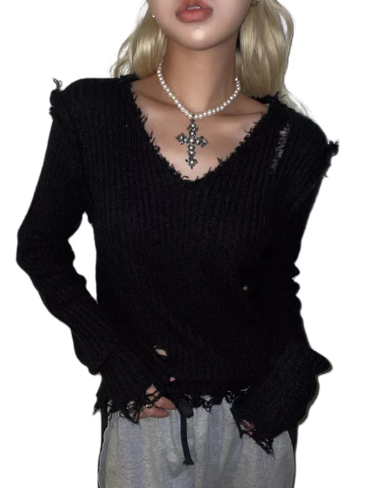 90s Vintage Dark Academia Knitted Sweater Punk Ripped Out Cropped Pullovers Y2K Mall Goth Harajuku Jumpers Chic Retro Grunge