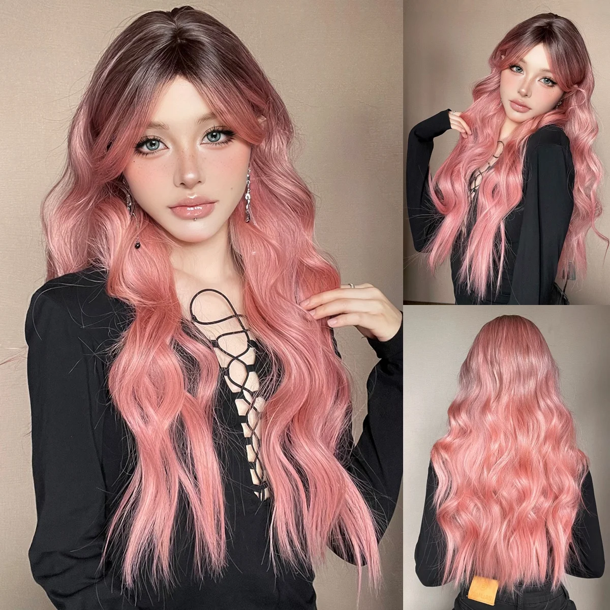 

Black Brown Pink Ombre Long Curly Synthetic Wig with Bangs Natural Heat Resistant Cosplay Wigs for Women Daily Party Hair