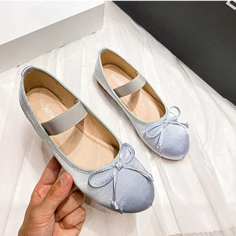 Women\'s Mary Jane Shoes Round Toe Plus Size Women\'s Shoes Bow Silk Satin Ballet Flats Spring Autumn Flats Shoes Zapatos De Mujer