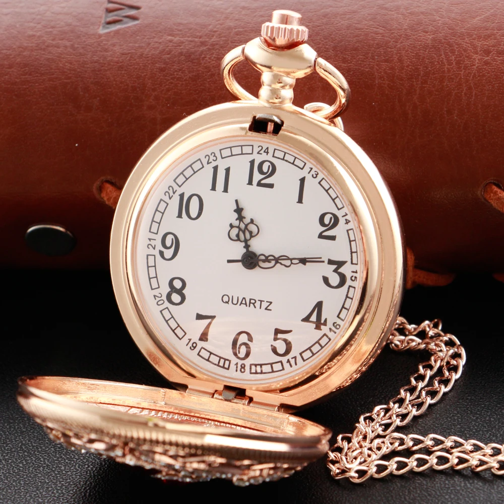 Rose Gold Fan-Shaped Diamond Pocket Watch Necklace Fob Chain Steampunk Clock Quartz Vintage Pocket Watch for Men and Women Gift