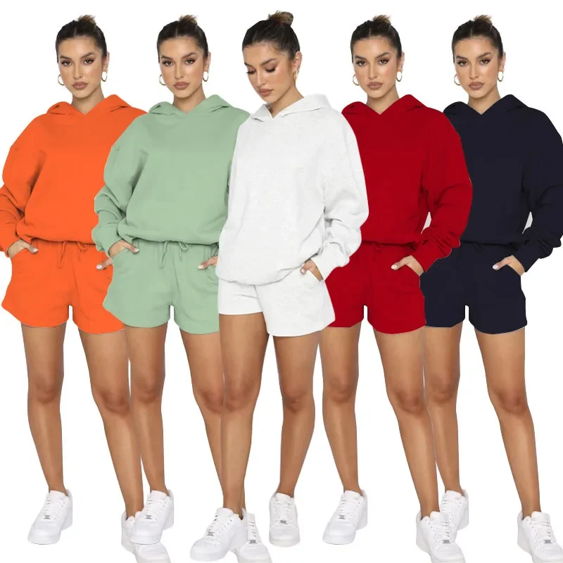 Full Sleeve Thick Hooded Tops Women Solid Two Piece Sets Splice Straight Short Pants Set Loose Casual Autumn Winter 2023