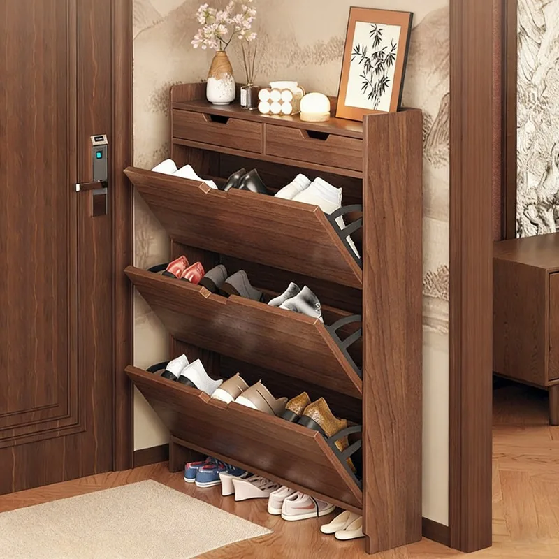 Entrance Nut-brown Wooden Tall Flip Shoe Rack Cabinet Living Room Furniture Luxury Shoe Organizer Two Drawers Large Capacity
