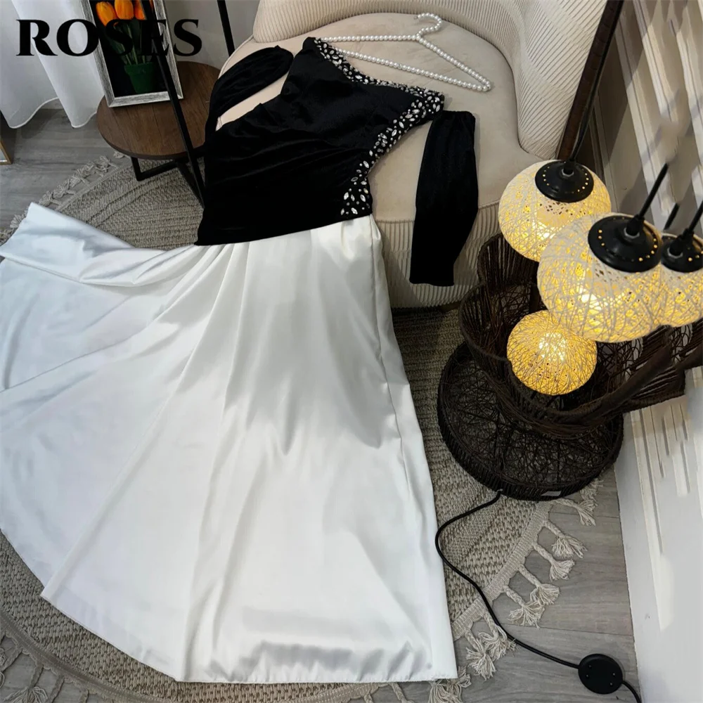 

ROSES Black Prom Dress Off Shoulder Party Dress Three Quarter Sleeves 프롬 드레 with Beaded Chiffion Evening Dress Customize