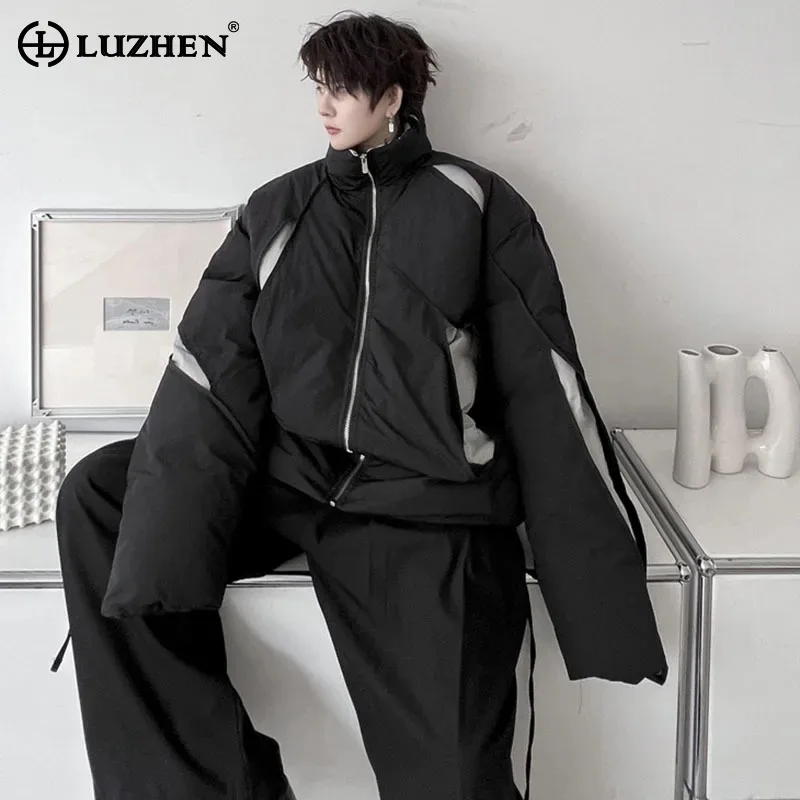 Luzhen jaqueta masculina gola de algodão casaco de inverno suporte acolchoado buraco quebrado contraste cor emenda nicho design 2023 na moda novo lz7091