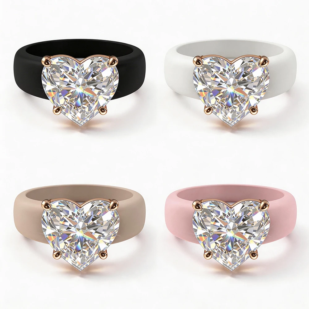 Image of 1 Stück herzförmiger Diamant-Silikonring für Damen, 4-farbiger herzförmiger Einzeldiamantring mit Roségoldbeschichtung, Silikon-Ehering