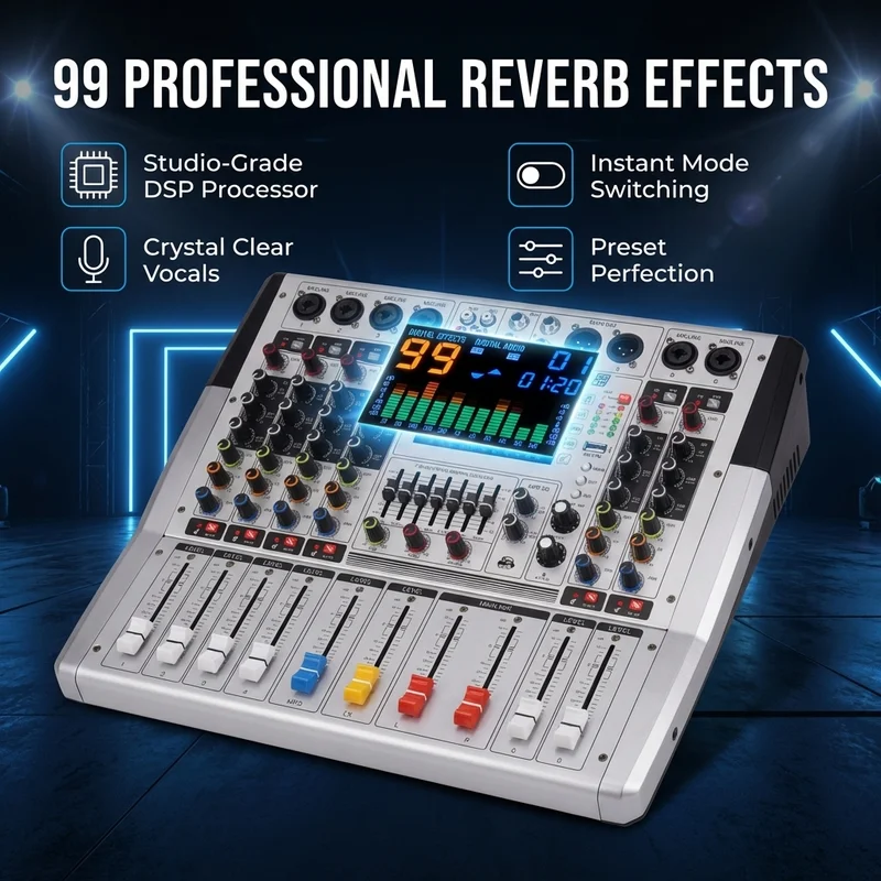 Factory Direct NXG VR‑6 Professional 6‑Channel Audio Mixer, 450W*450W Output, 7‑Band Equalizer, 99 DSP Reverb Effects, Excellent Heat Dissipation, Suitable for KTV, Stage Performance, DJ Mixing and Many Other Scenarios.