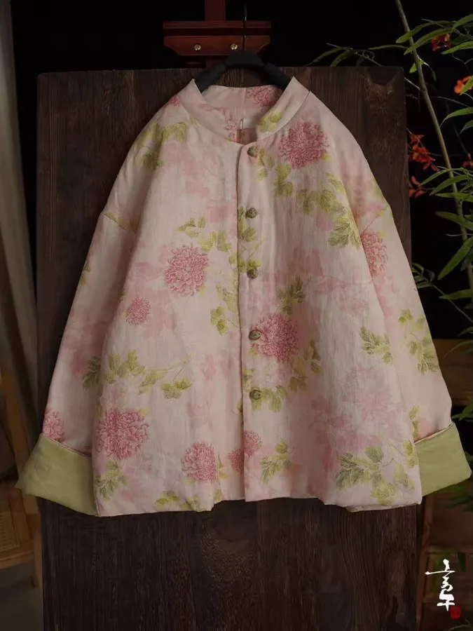 

Chinese Sle Cotton Jaet Printed Liner Stand Collar Warmth Retro Small Cotton Coat Women's Clothing Linen Print Double-Faced