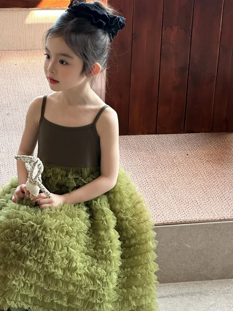 2026 New Baby Summer Girls Boutique Green  Mesh Sling Tutu  Dress, Princess Kids Sweet Fashion  Party Dress  2-8 T