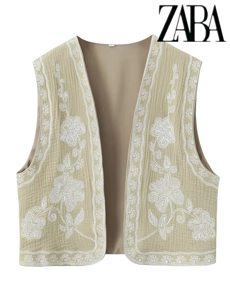 TRAFZA Women's Ethnic Floral Embroidery Women's Vest Sexy Open V Shirt V-Neck Beige Tops Summer Literary Buttonless Vests