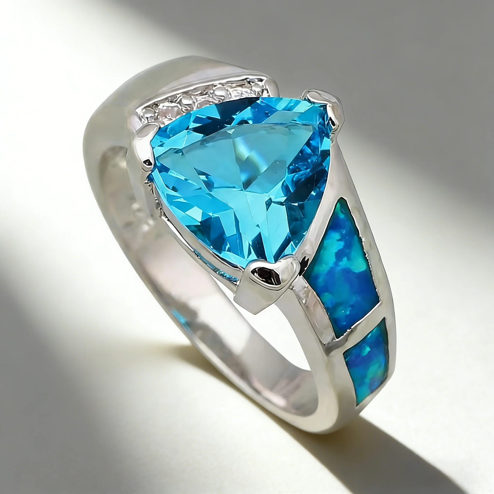 Anillo Geométrico Art Deco con Ópalo Azul y Topacio Azul, Anillo con Circonitas, Anillo de Plata, Anillo de Compromiso Moderno Vintage