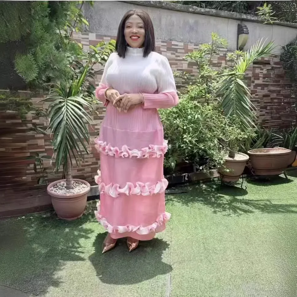 Miyake 2025 New Pleated Maxi Long Dress O-Neck Floral Sleeves Fungus Spliced Gradient Elegant Wedding Dresses for Women