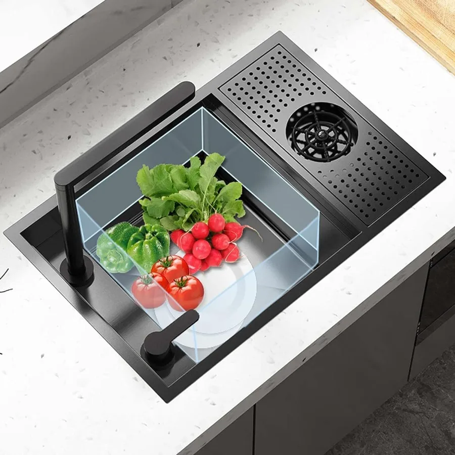 نانو أسود 23 بوصة مخفي المطبخ بار مقهى RV شرفة 304 حوض الفولاذ المقاوم للصدأ مع صنبور لأعلى ولأسفل ومجموعة شطف الزجاج ل