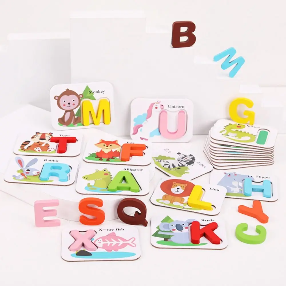

Wooden Alphabet Flash Cards Set English Exercise Montessori Letter Puzzle Cartoon Animal Miniature Cognitive Memory Game