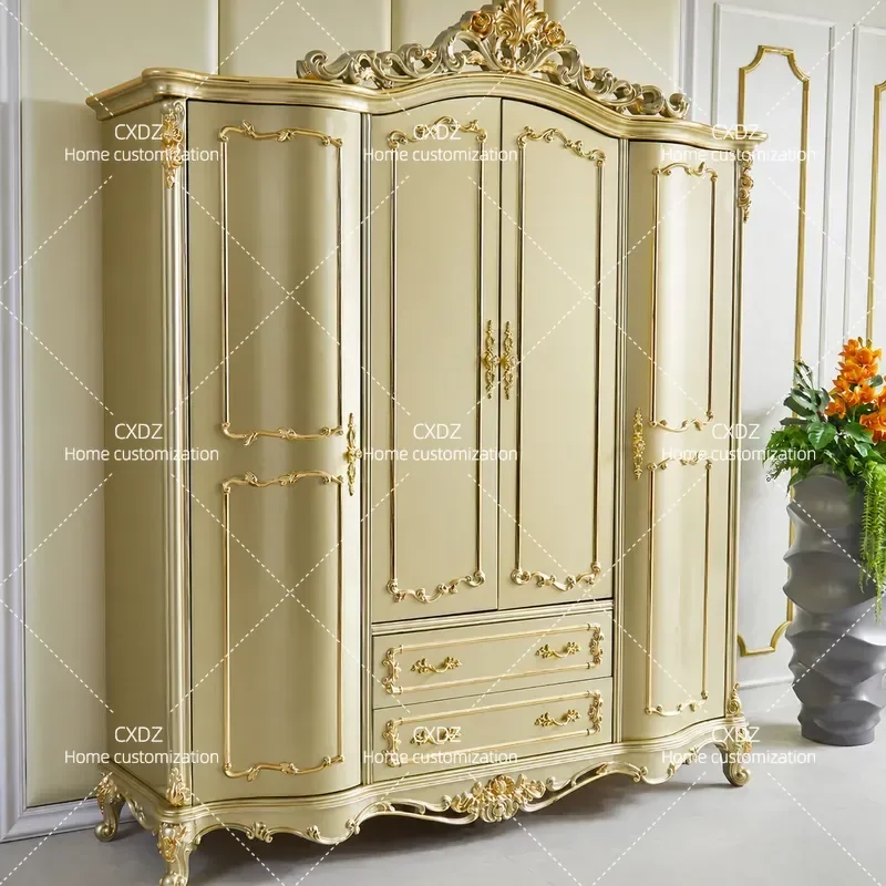 European wardrobe villa French bedroom solid wood carving flower storage golden wardrobe four doors large wardrobe luxury