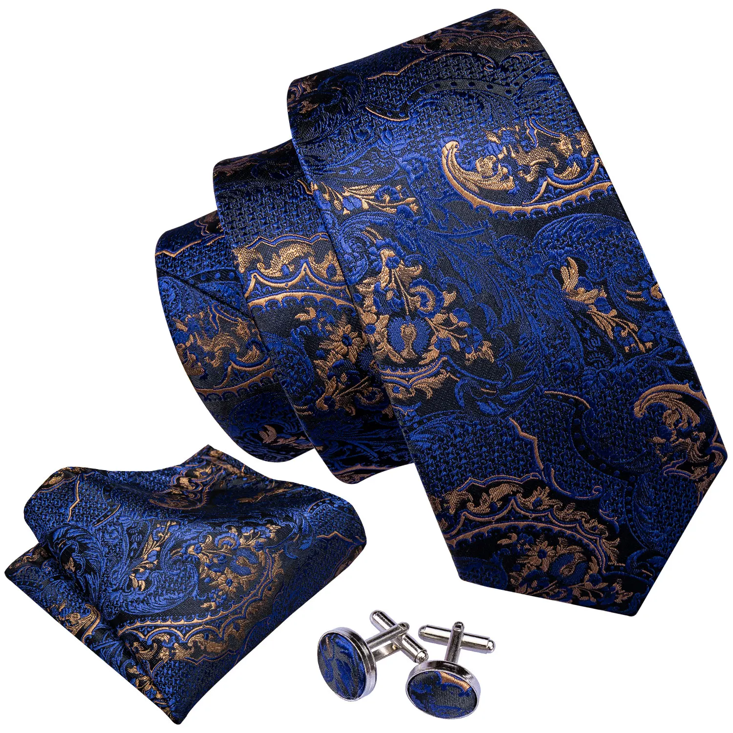 Barry.Wang Silk Men Tie Hanky Cufflinks Set Fashion Floral Same Pattern Different Colors Necktie for Male Wedding Business Party