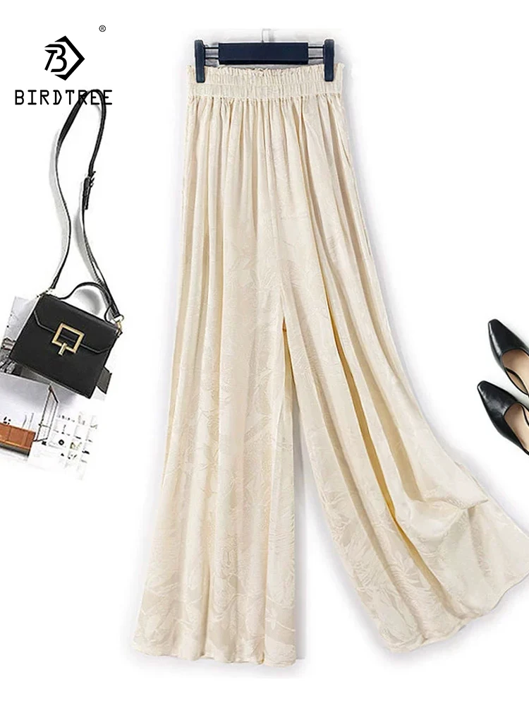 

BirdTree-Women Silk Elegant Pants, Elastic High Waist Jacquard, Retro Versatile Commute Wide Leg Pants, 2025 Summer New B57430CC