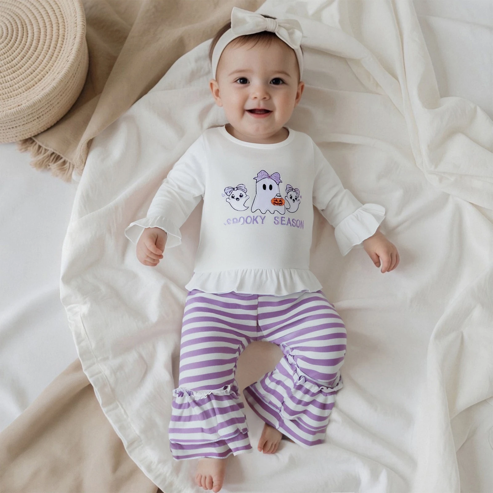 FOCUSNORM 2 ألوان الرضع طفل الفتيات هالوين الملابس مجموعة شبح التطريز كم طويل البلوز القمم مع مخطط مضيئة السراويل #5