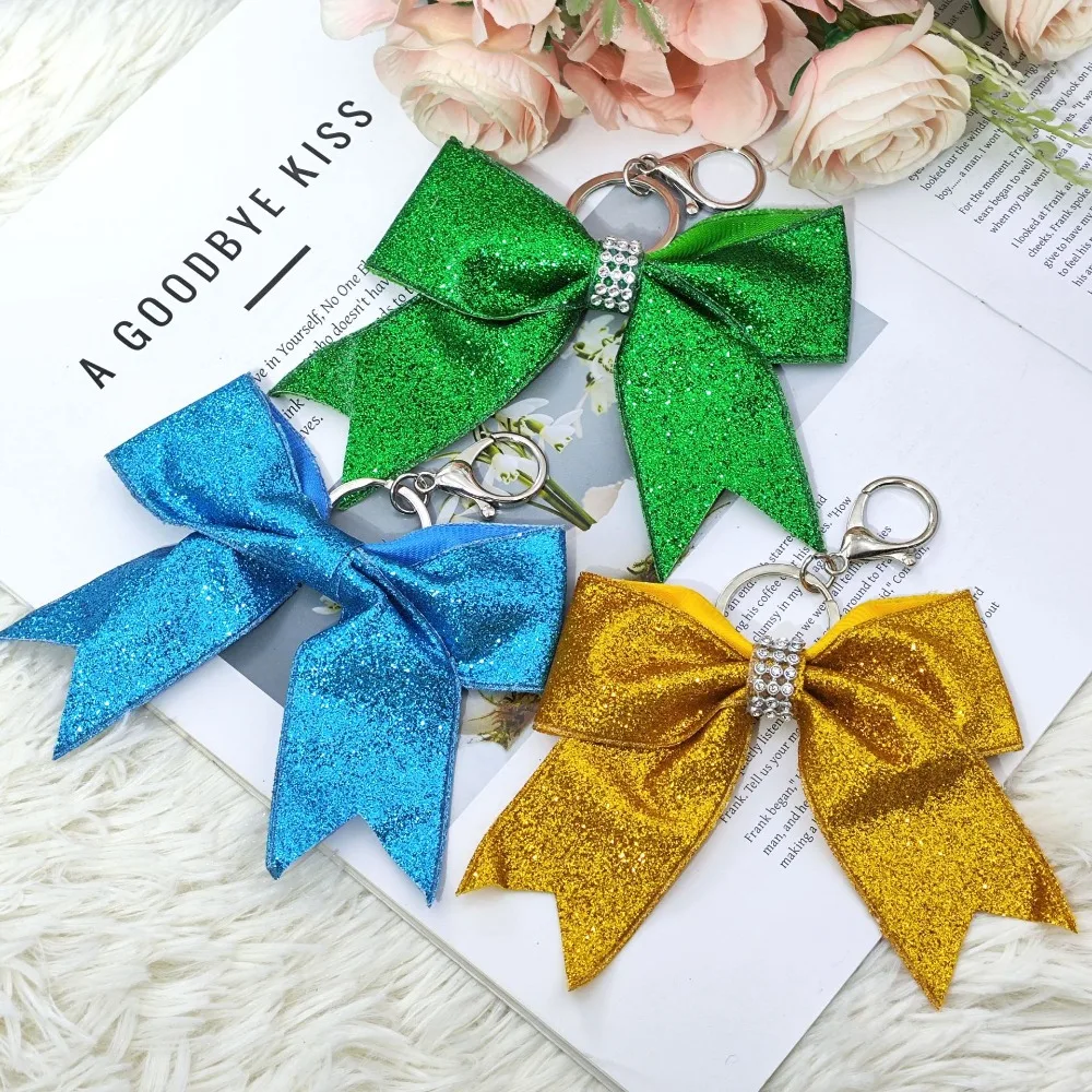 

Cheerleading Fashion Sparkling Glitter Keyrings Satin Ribbon Bow Keychain Backpack Decoration Accessories Key Ring Gift