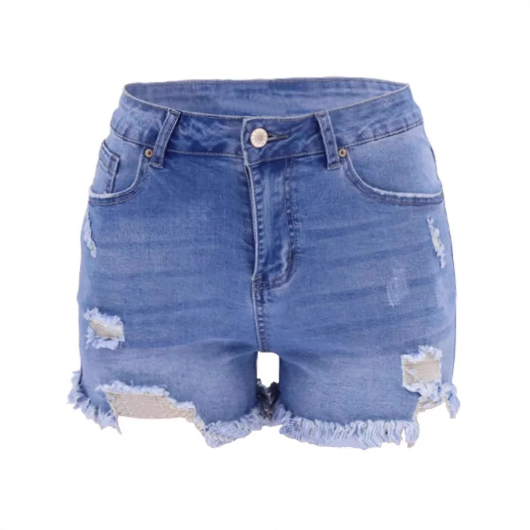 Women High Waist Stretch Ripped Denim Shorts