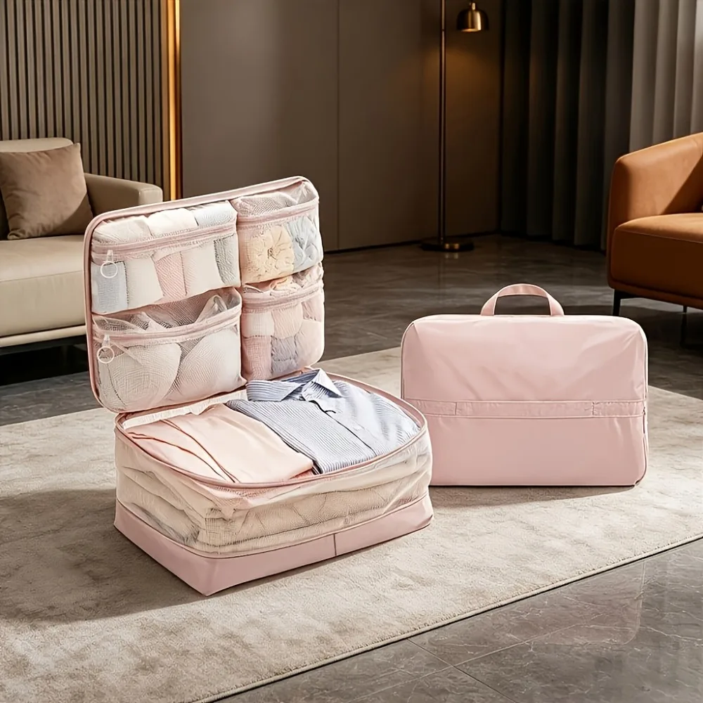 Compression Packing Cubes 5-in-1 Travel Luggage Organizer Bag Portable Multi Compartment Clothes Storage Suitcase Accessories