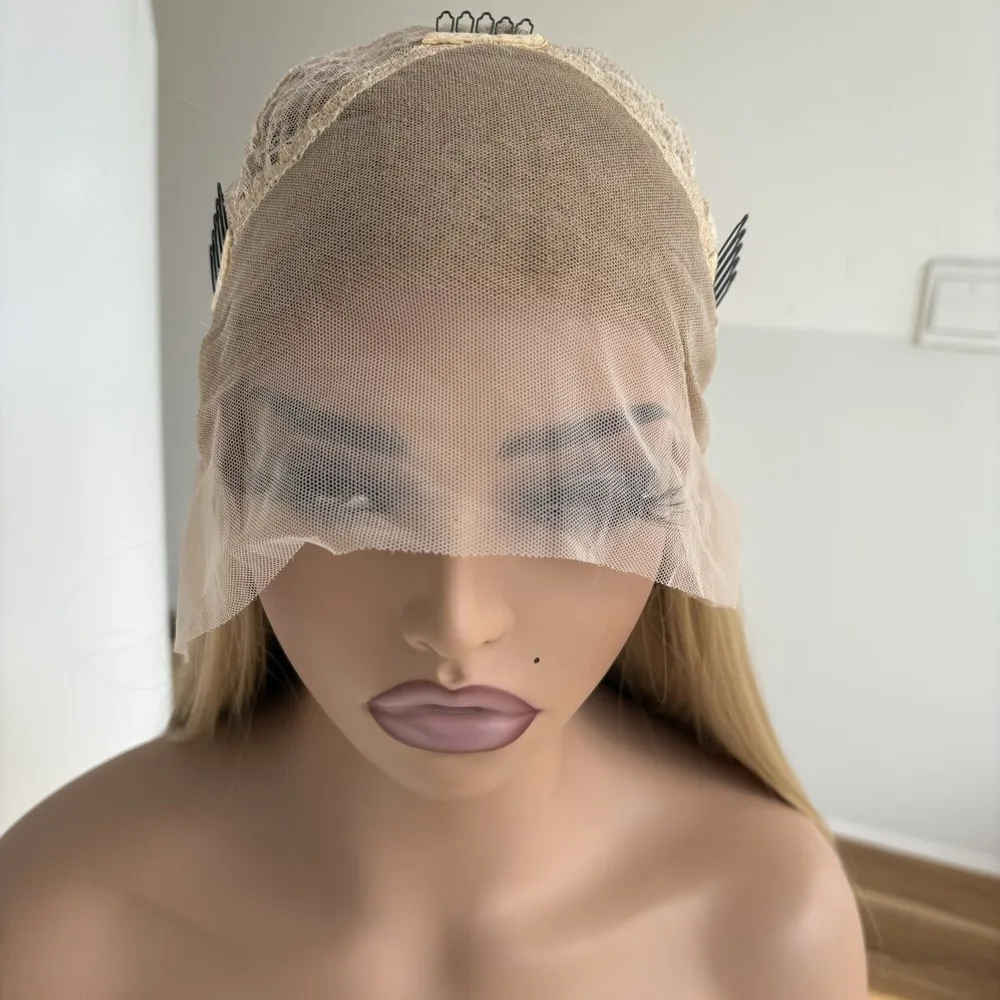 شعر مستعار صناعي أشقر مقاوم للحرارة بدانتيل أمامي بطبقات طويلة مستقيمة #6