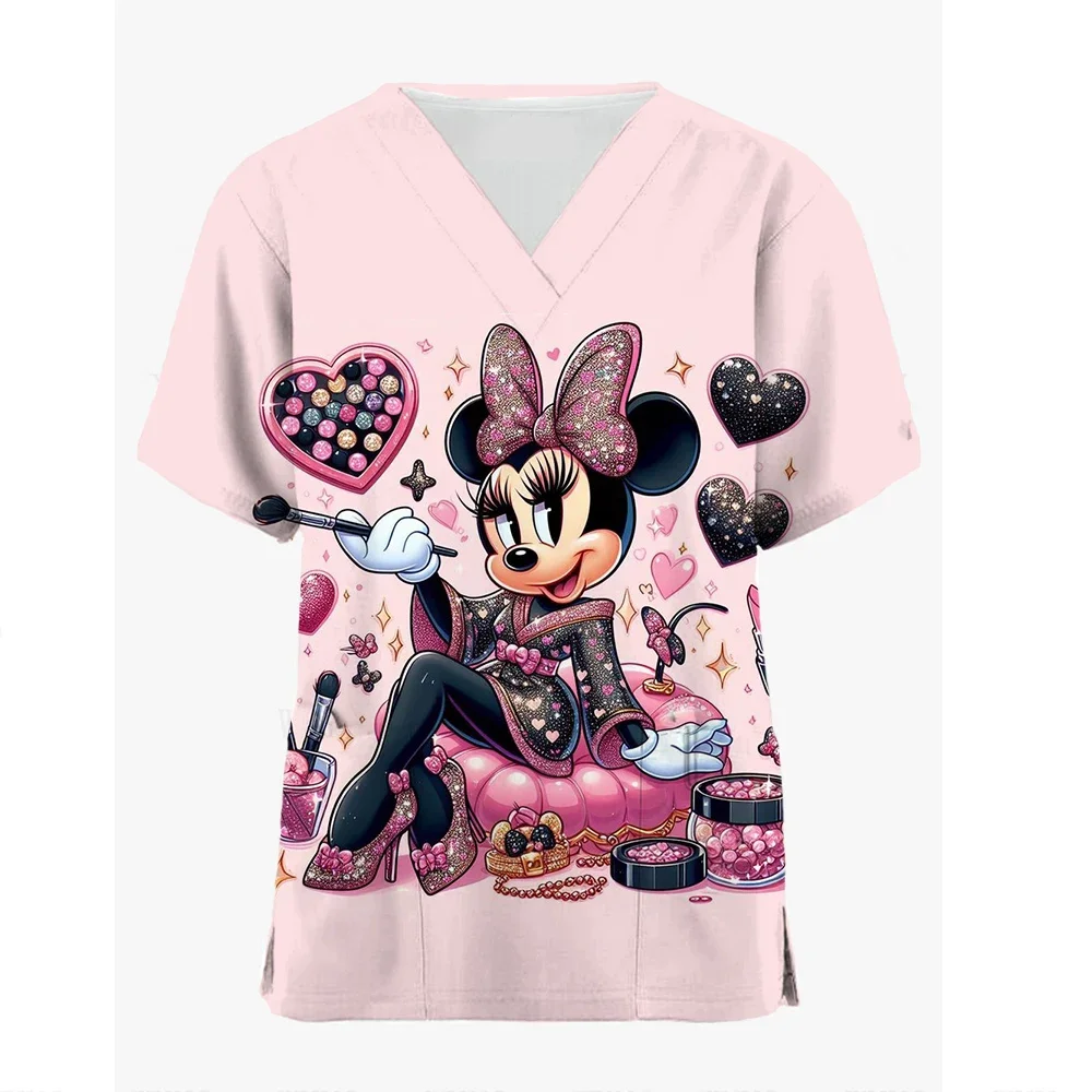 Disney Mickey Mouse Print Peeling Tops Frauen Kurzarm V-Ausschnitt Tops Krankens ch wester Uniform Cartoon Print Arbeits bluse Damen Uniform