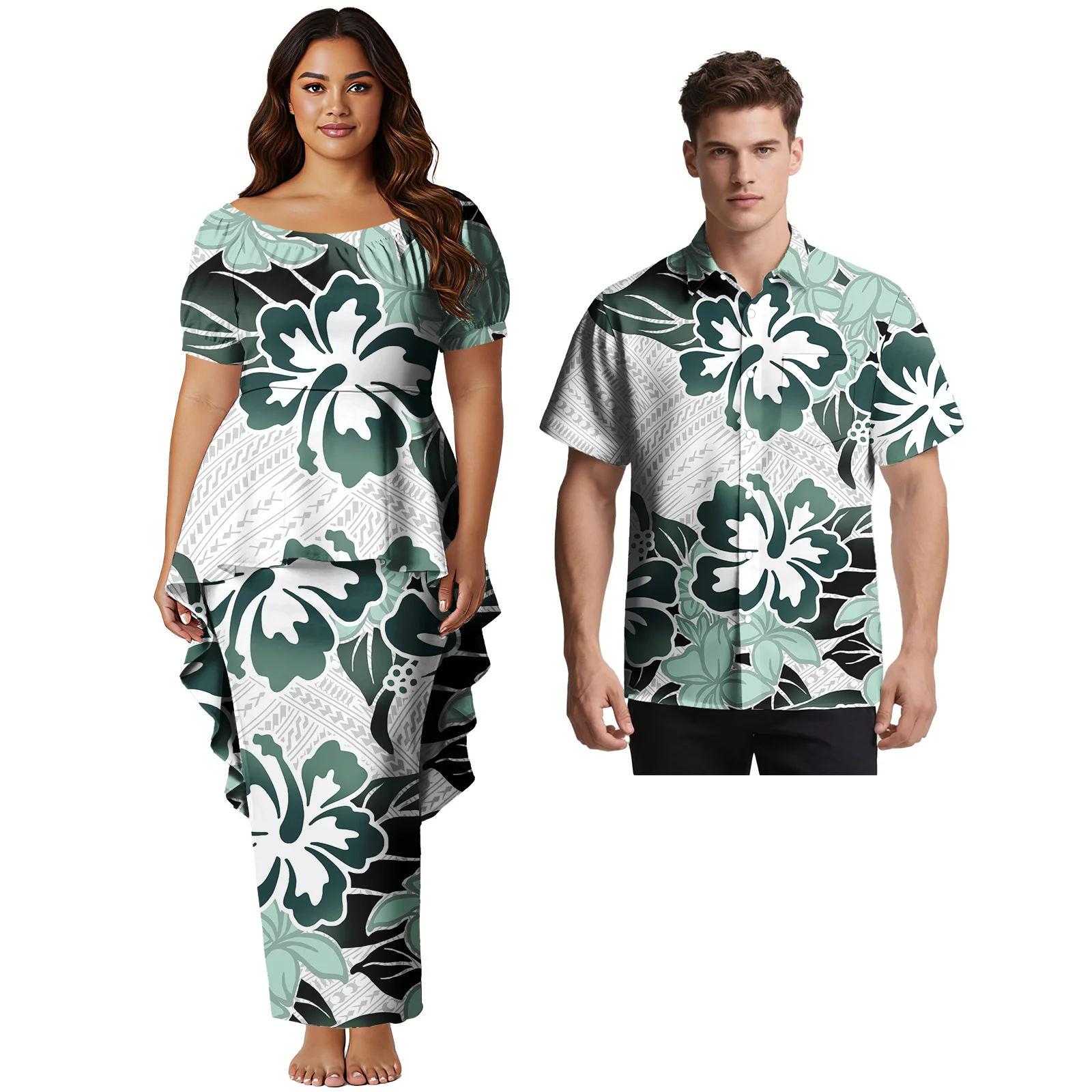 

Одежда для влюбленных с индивидуальным узором, женские длинные платья с цветочным принтом, мужская гавайская повседневная рубашка, самоанский полинезийский костюм для пары