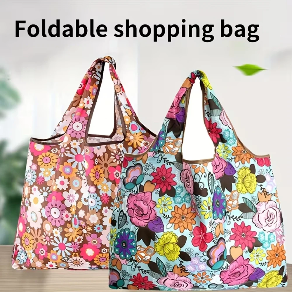 High-Quality Women's Floral Pattern Foldable Shopping Bag—Reusable Polyester Tote Bag, Washable, Reusable Grocery Bag.